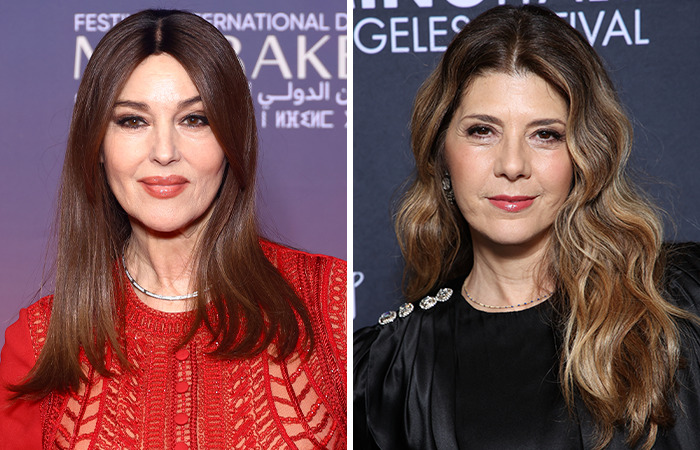 Monica Bellucci and Marisa Tomei, both the same age, in elegant attire at separate events.