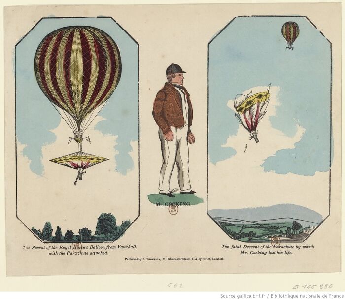 Illustration of an inventor with hot air balloon and parachute, highlighting the brilliant creation that led to his undoing.
