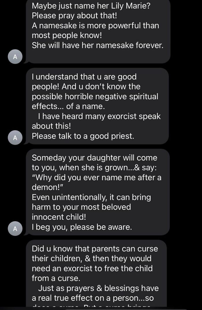 Awkward text exchange about naming a child, mentioning exorcism and spiritual effects of names.
