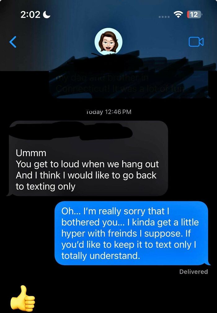 Awkward text exchange about preferring to text only, with an apologetic and understanding response.