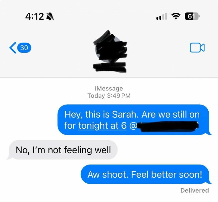 Text exchange showing awkward confusion over canceled evening plans.