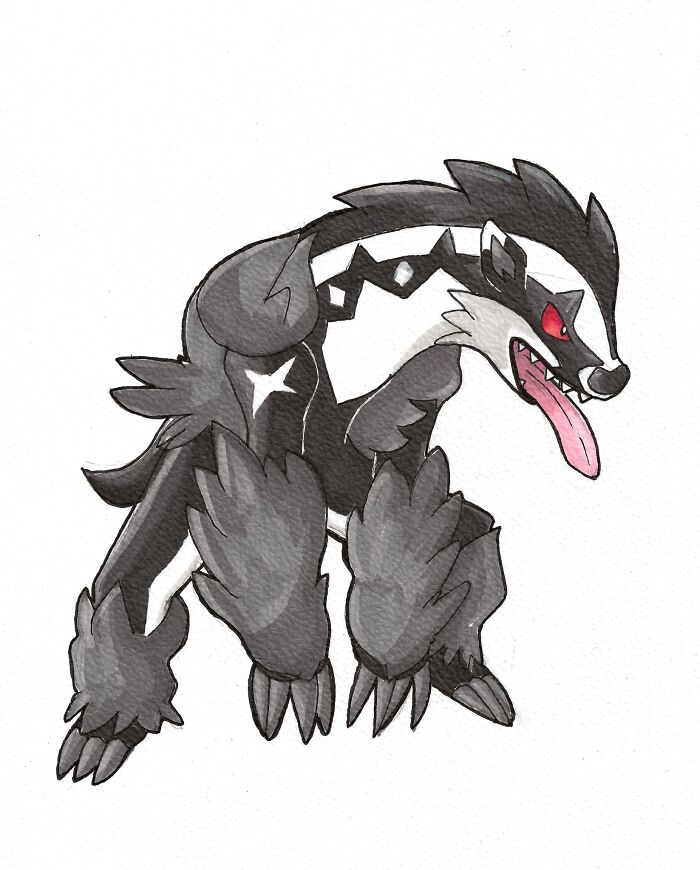Hand-drawn Pokémon art featuring a black and white creature with a bold, expressive style.