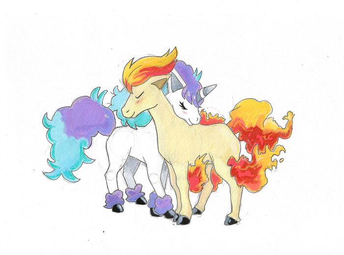 Hand-drawn Pokémon art featuring two unicorn-like creatures with colorful manes and flames.