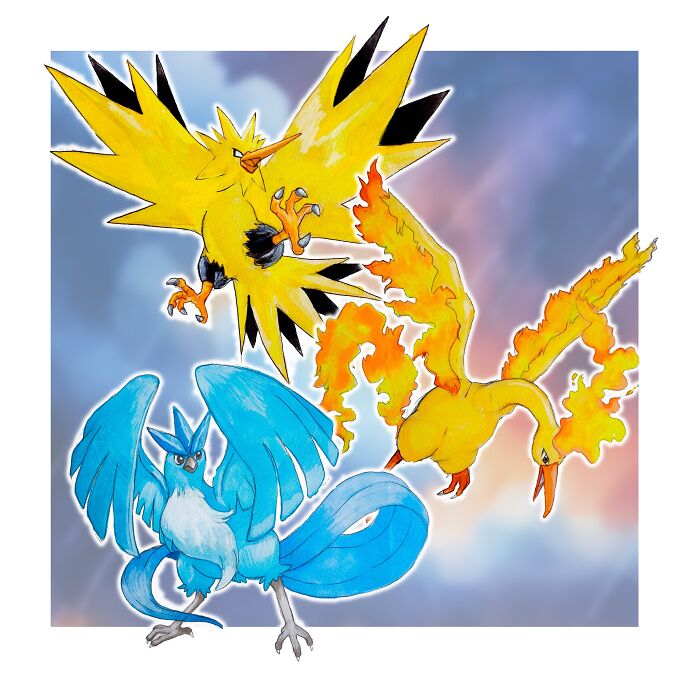 Hand-drawn Art of Legendary Pokémon featuring Zapdos, Articuno, and Moltres, showcasing vibrant colors and dynamic poses.