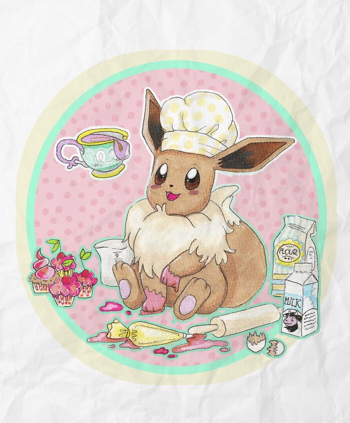 Hand-drawn Pokémon art with Eevee as a baker, surrounded by a teacup, cupcakes, rolling pin, flour, and milk.