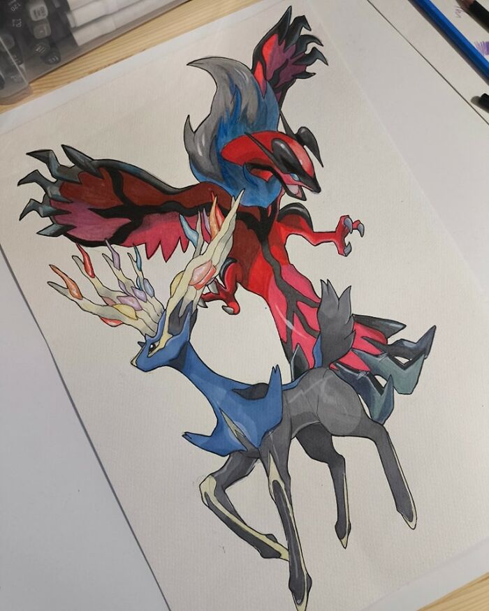 Beautifully hand-drawn Pokémon art featuring colorful creatures on a white background.