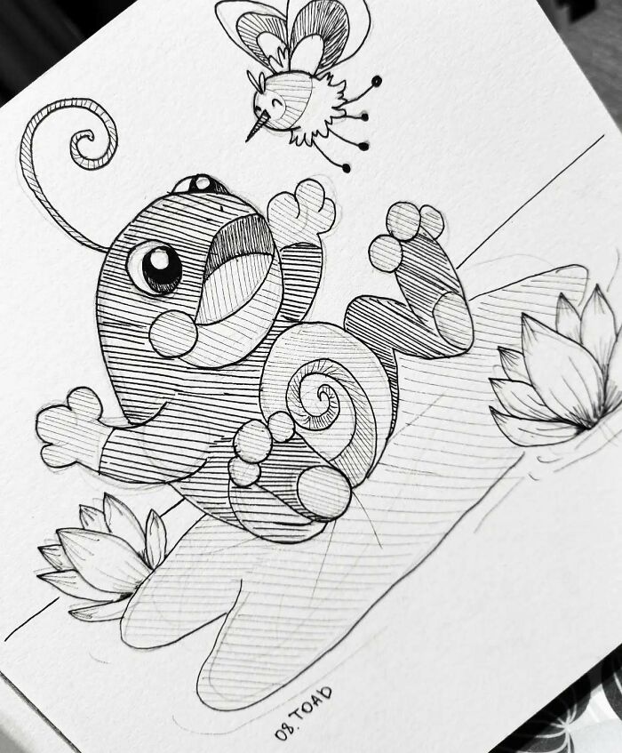 Hand-drawn Pokémon art featuring a whimsical creature on a lily pad with a bee-like companion.