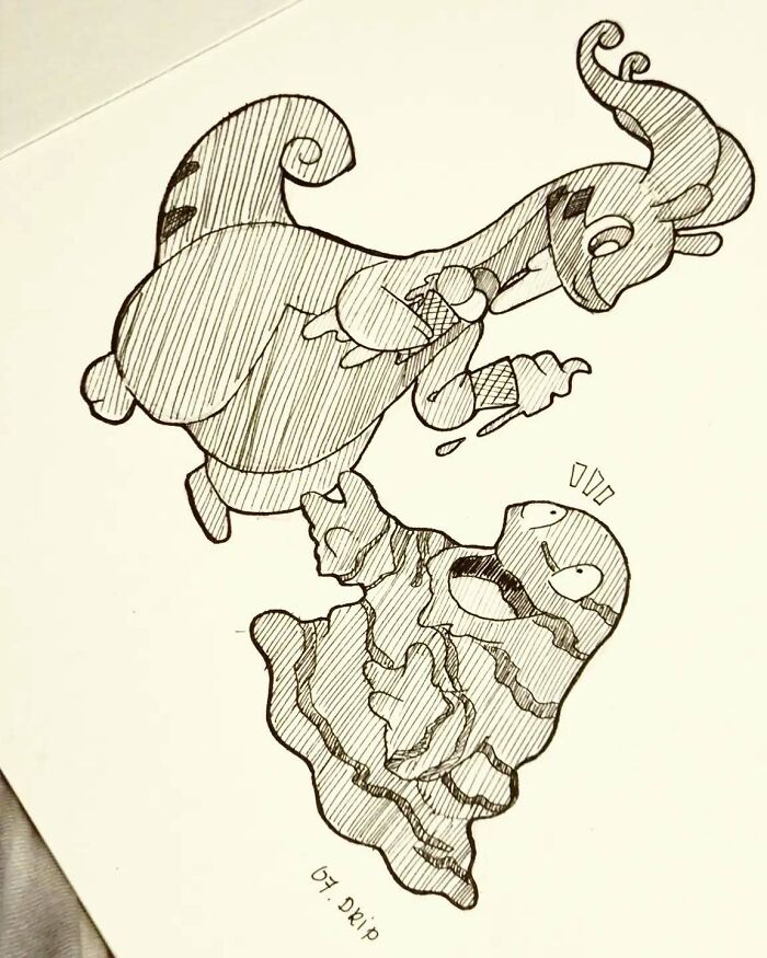 Hand-drawn Pokémon art featuring two whimsical creatures by artist Zuza.