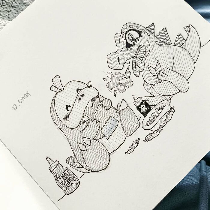 Hand-drawn Pokémon art featuring two characters with spicy hot sauce.