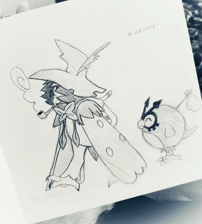 Hand-drawn Pokémon art featuring a mysterious figure and owl-like creature, sketched in pencil.