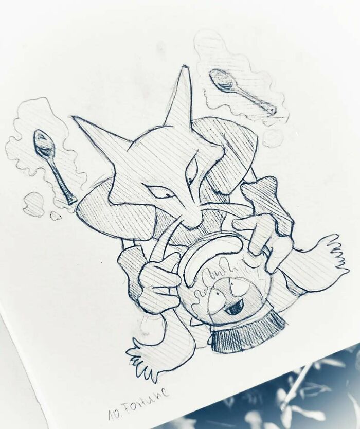 Hand-drawn Pokémon art featuring a character with floating spoons and a fortune ball.