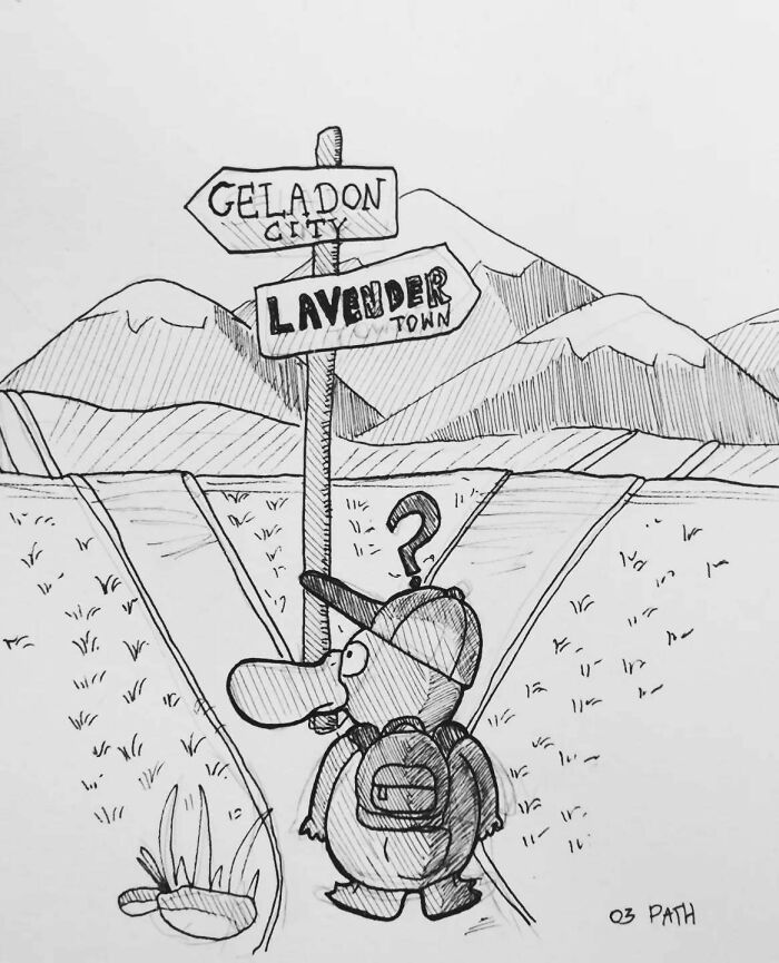Hand-drawn Pokémon art featuring a creature at a crossroads with signs to Geladon City and Lavender Town.
