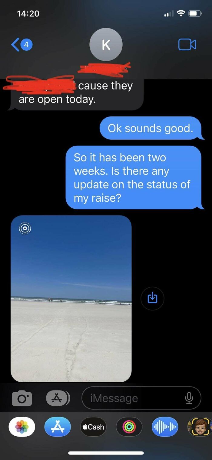 Awkward text exchange showing conversation about a raise, with an unexpected beach photo sent in response.