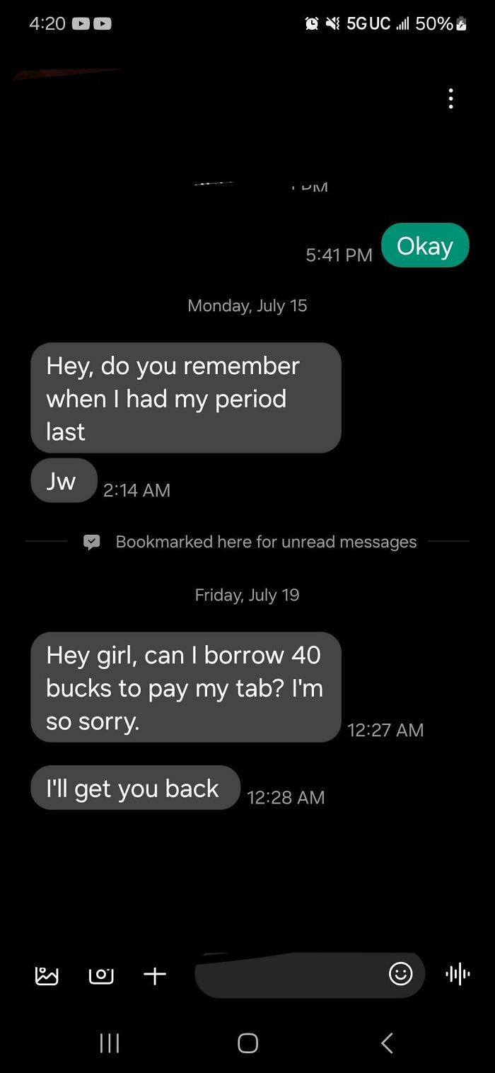Awkward texts showing a message about borrowing money and a personal question about a period date.