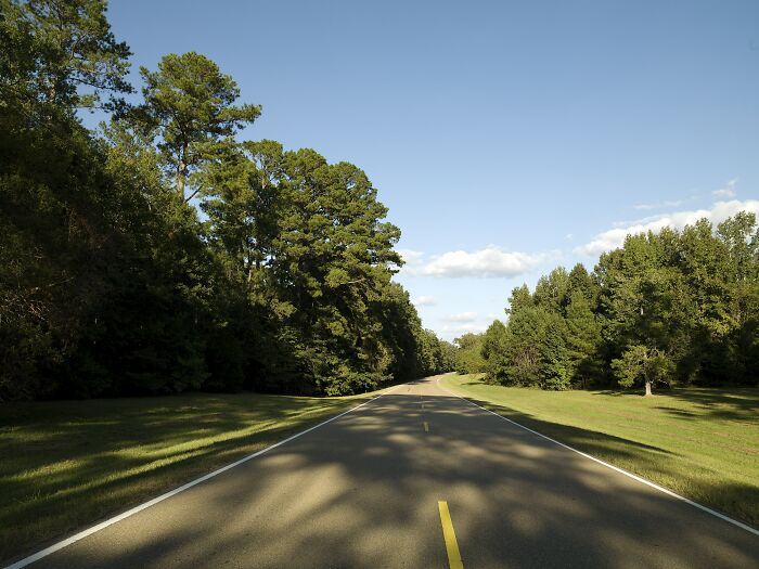 A scenic view of a legendary American road route lined with lush trees under a clear blue sky.