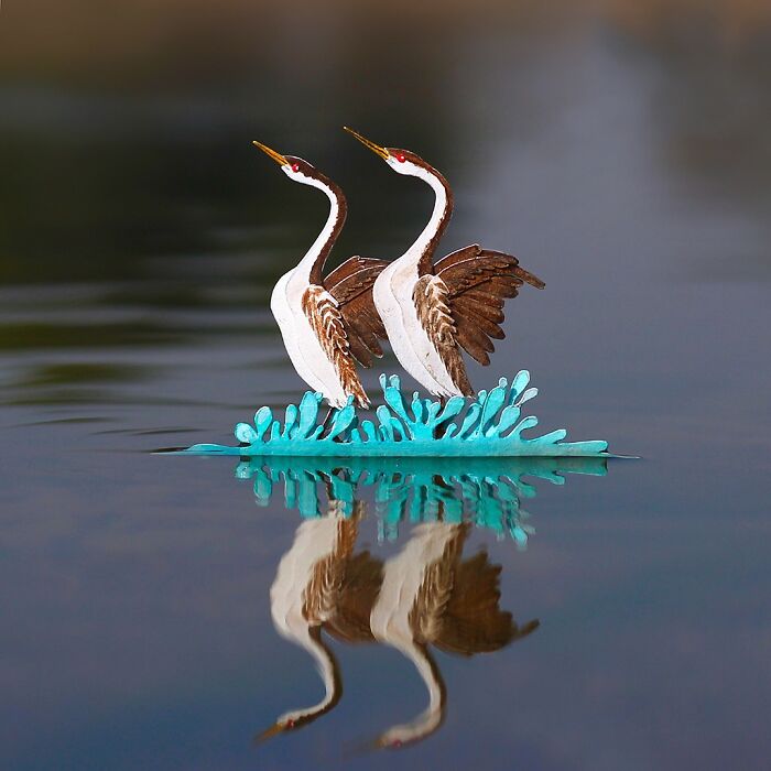 Miniature realistic paper art of two cranes on water, sparking conversation about animal conservation.