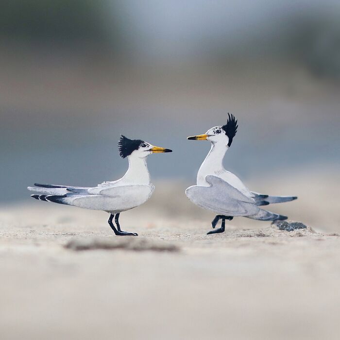 Miniature realistic paper art of two birds on sand, focusing on animal conservation themes.
