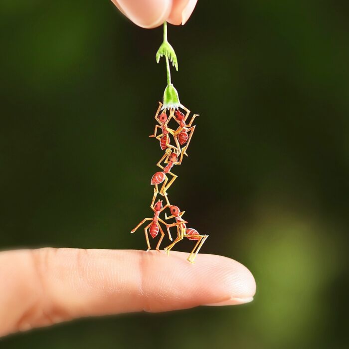 Miniature realistic paper art of ants balancing on a finger, highlighting conservation themes.