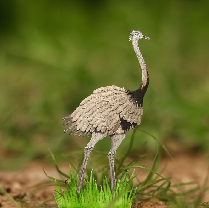 Miniature realistic paper art of an ostrich standing on grass, highlighting artists' work on animal conservation.