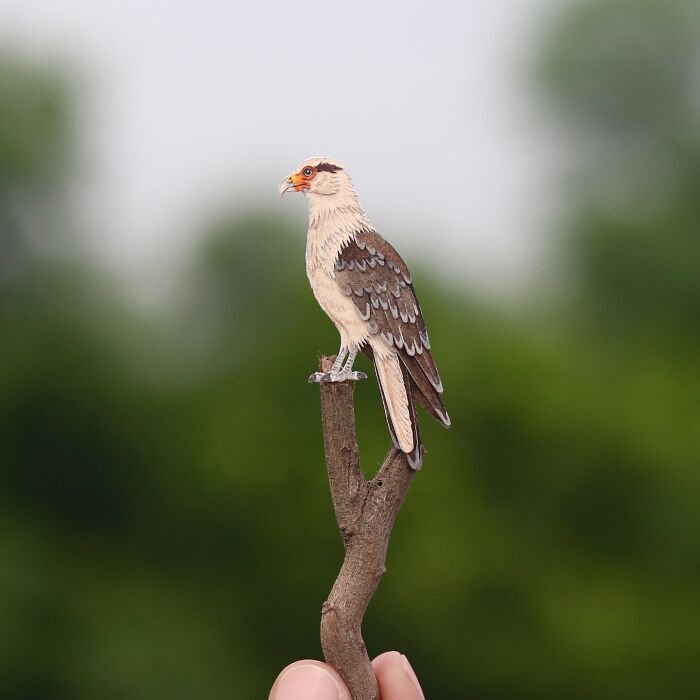 Miniature realistic paper art of a bird perched on a twig, highlighting animal conservation.
