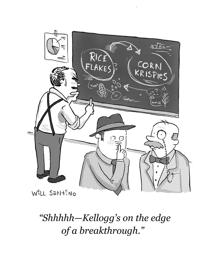 Cartoon by Will Kiley Santino showing a man at a chalkboard with "Rice Flakes" and "Corn Krispies" in a humorous scene.
