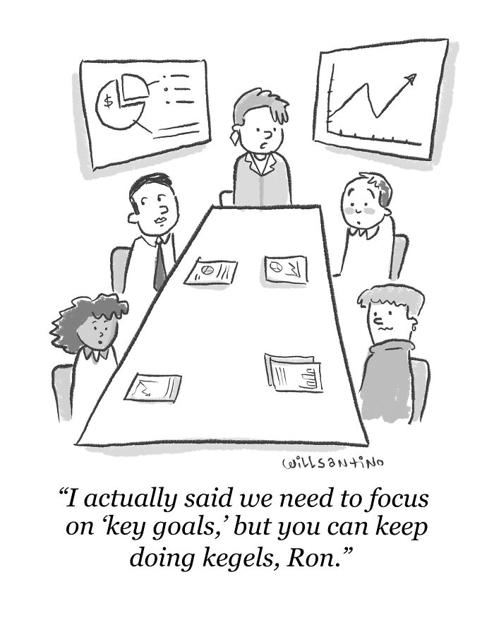 Meeting room scene in creative cartoon by Will Kiley Santino, featuring a humorous misunderstanding.