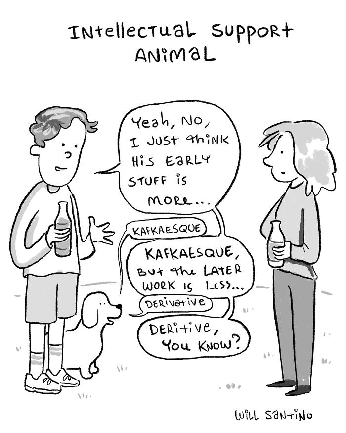 Cartoon by Will Kiley Santino of a couple discussing literary styles, assisted humorously by a dog named "Intellectual Support Animal."
