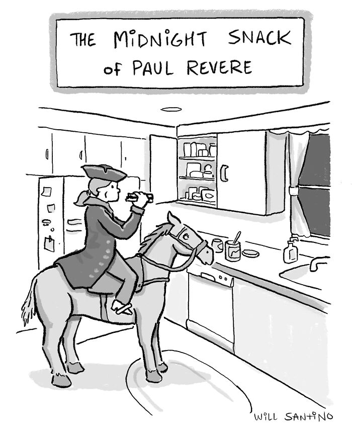 Paul Revere on a horse in a modern kitchen, enjoying a midnight snack, in a creative cartoon by Will Santino.