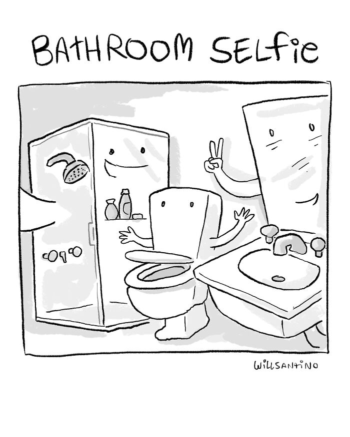 Absurd situation: cartoon of a shower, toilet, and sink taking a selfie, illustrating humor and creativity.