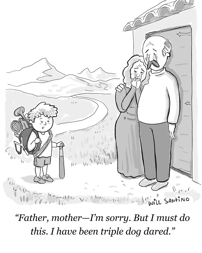 Cartoon by Will Santino: A boy holding golf clubs tells his emotional parents he's been triple dog dared.