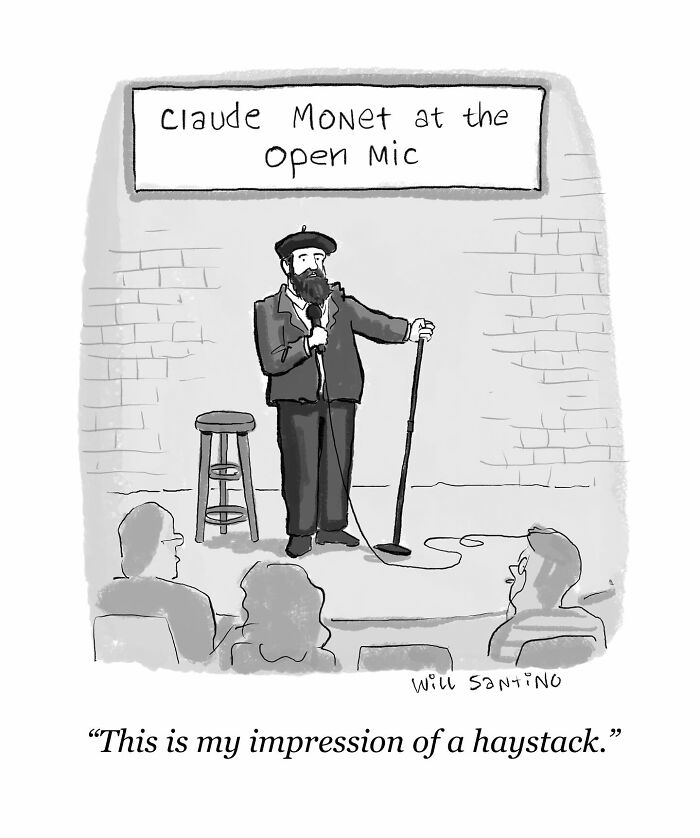 Cartoon of Claude Monet at open mic joking about a haystack, by Will Kiley Santino.