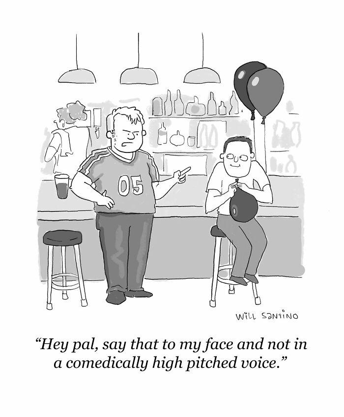Two men in a bar, one with balloons, in a creative one-panel cartoon by Will Santino.