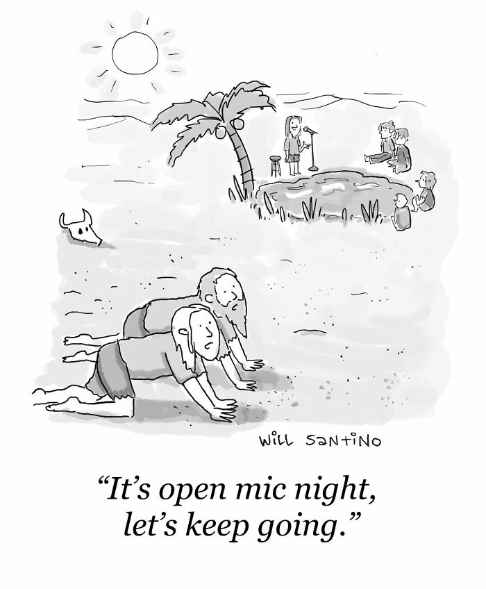 Two cavemen crawling in a desert toward a stand-up comedy show, showcasing absurd cartoon humor.