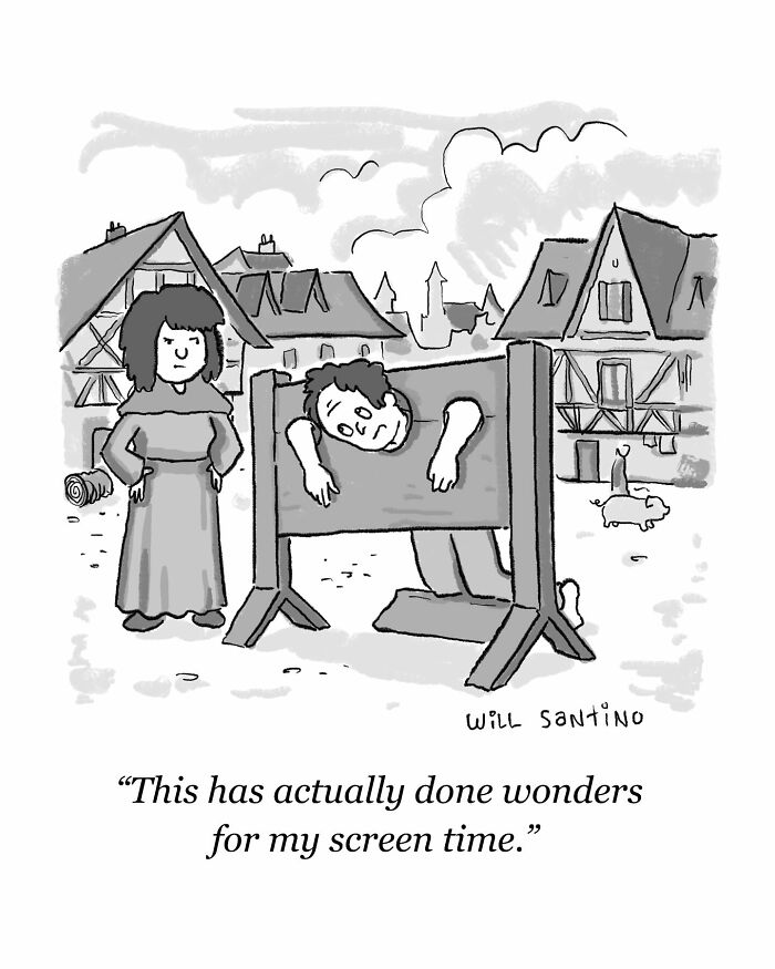 Medieval stocks cartoon by Will Santino. Person in stocks commenting on screen time improvement, humorous scene.