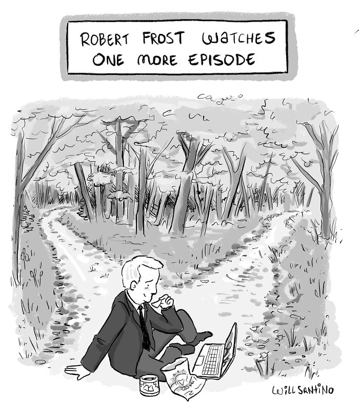 Creative one-panel cartoon of Robert Frost sitting in a forest, watching a laptop with snacks beside him.
