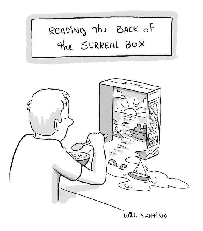 Man eating cereal reading surreal box with an ocean scene coming to life.