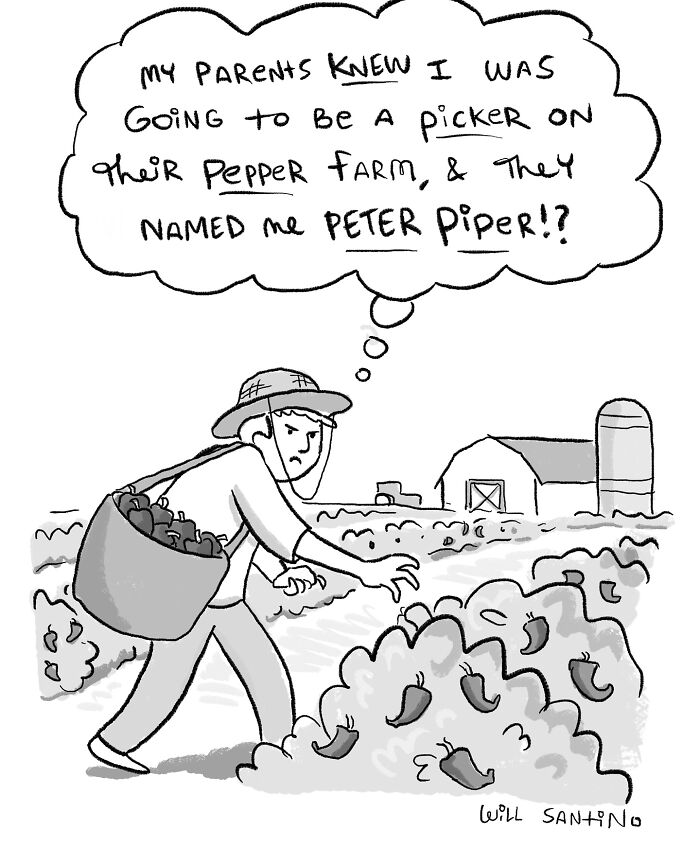 Cartoon by Will Kiley Santino of a farmer pondering his name, Peter Piper, while picking peppers in a field.