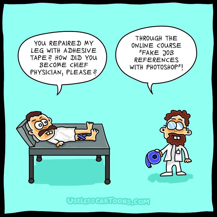 Absurd comic by Ohne Sinn showing a patient questioning a doctor's qualifications after using tape as treatment.