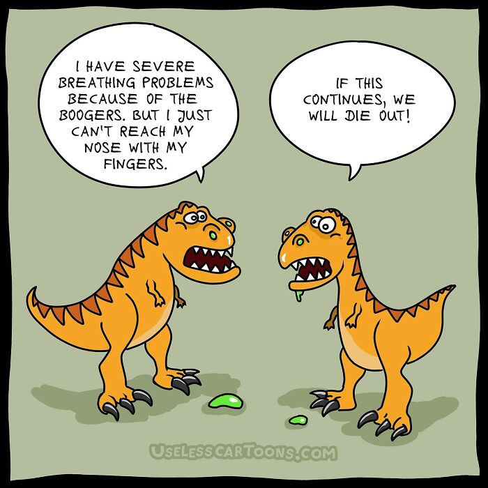 Two cartoon dinosaurs humorously discuss their inability to clear their noses with short arms.