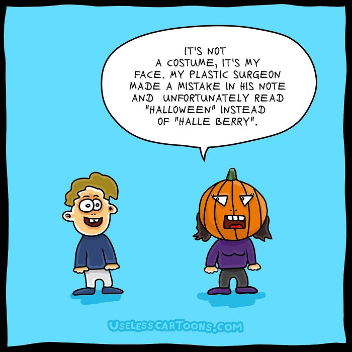 A comical illustration showing a person with a pumpkin head explaining a hilarious surgical mix-up.