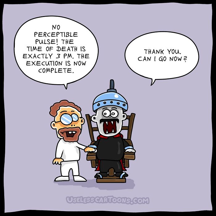 Absurd comic by Ohne Sinn featuring a character on an electric chair humorously asking to leave after an e*******n.