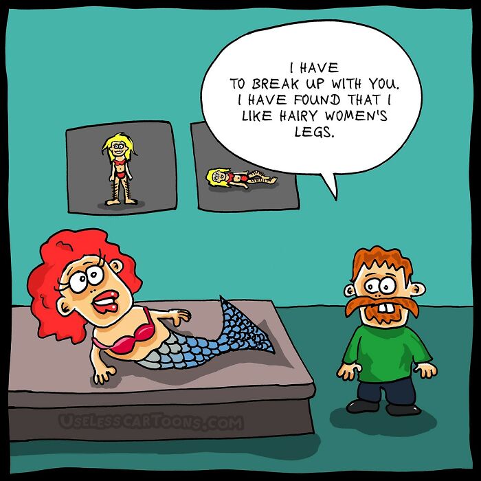 Absurd comic with a puzzled mermaid talking to a man in a green shirt, humorously breaking up.
