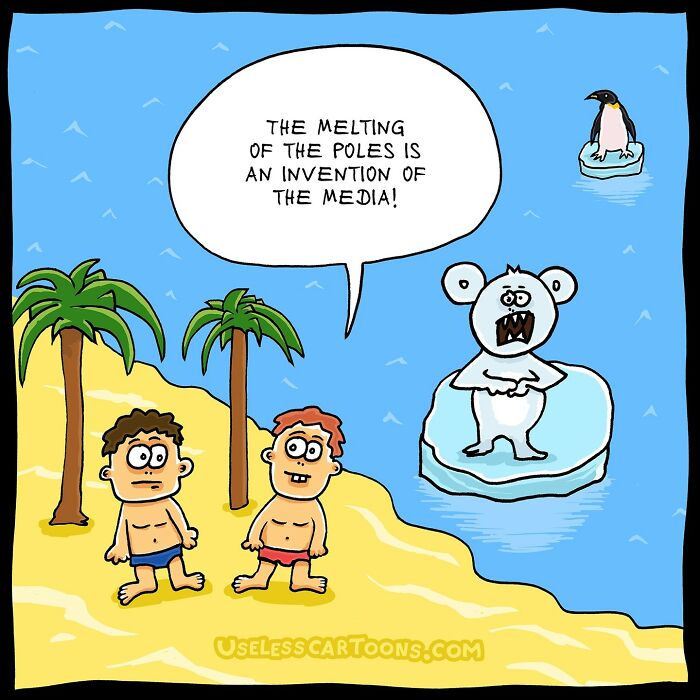 Absurd comic by Ohne Sinn showing a polar bear on an ice floe denying climate change to two boys on a tropical island.