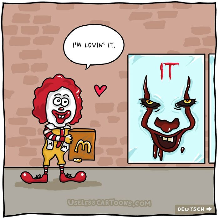 Cartoon clown near creepy painting, holding fast food bag with heart symbol, featuring absurd comic humor.