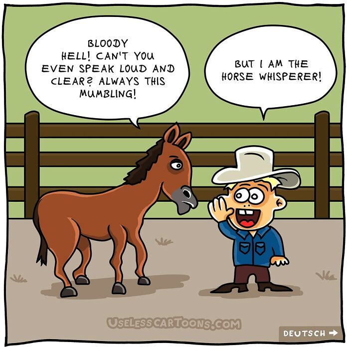 Comedic comic showing a cowboy talking to a horse with amusing dialogue.