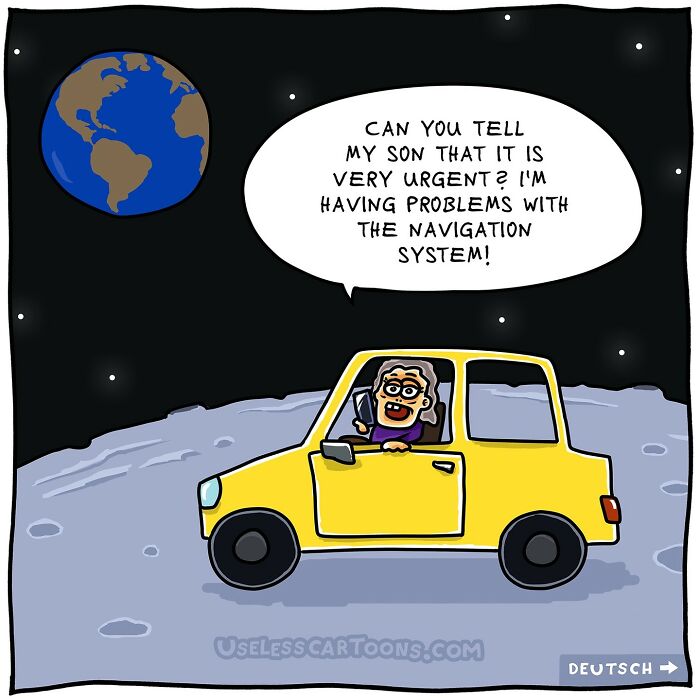 Absurd comics by Ohne Sinn: Person in a yellow car on the moon, calling Earth for navigation help.