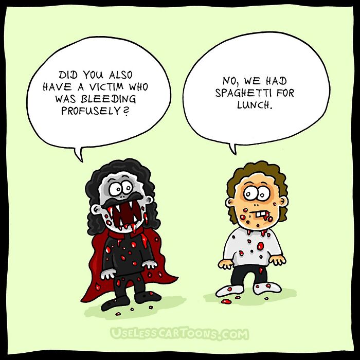Vampire and a person with spaghetti sauce on their face, from a hilariously absurd comic by Ohne Sinn.