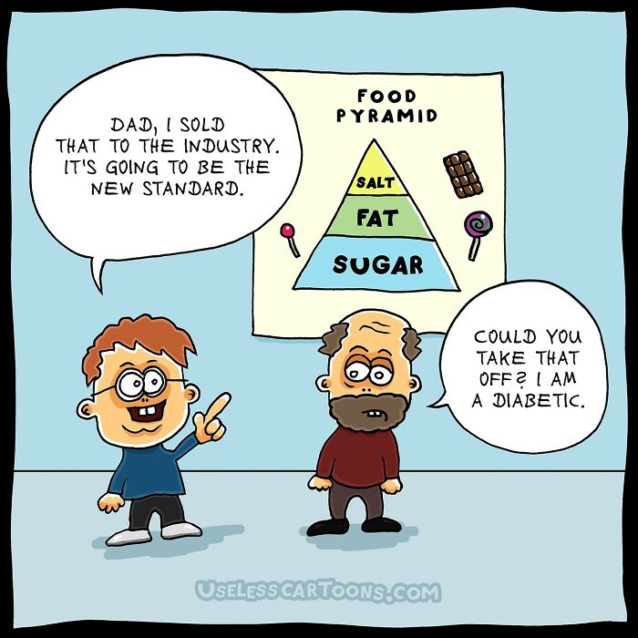 Two characters in a comic discuss a humorous food pyramid with candy, fat, and sugar as the new standard.