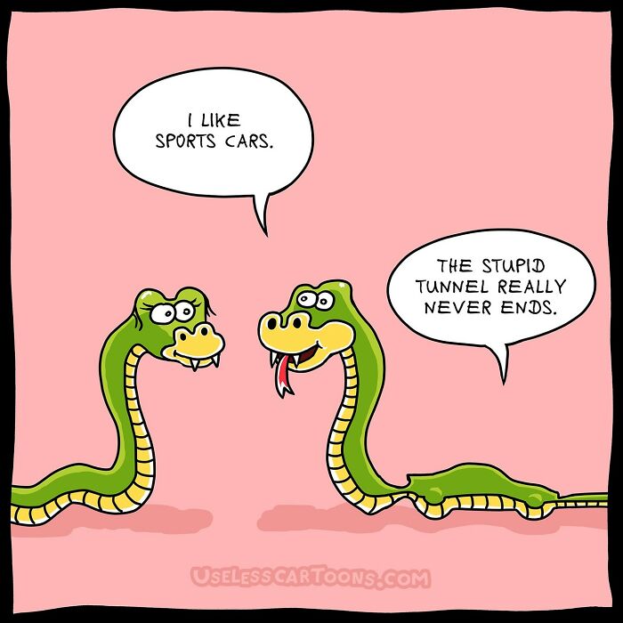 Two cartoon snakes in a comic strip discussing sports cars and a never-ending tunnel, showcasing Ohne Sinn's humor.