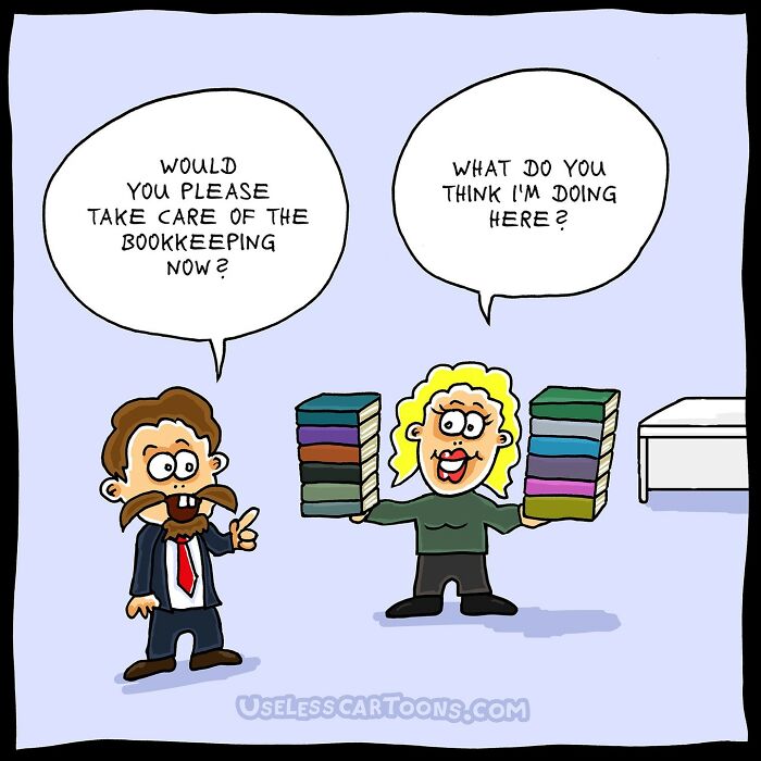 Absurd comic by Ohne Sinn showing two characters discussing bookkeeping with piles of books.